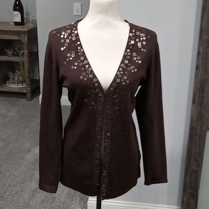Chico's long sleeve stretchy brown open cardigan with flat beads size 1